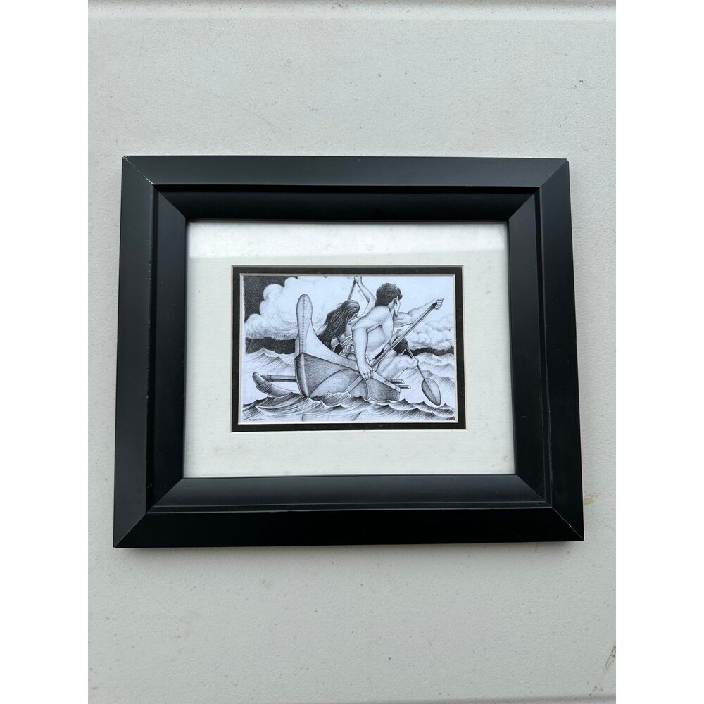 Hawaii Artist Rey Racoma Framed Polynesian Outrigger Canoe Limited Print Drawing